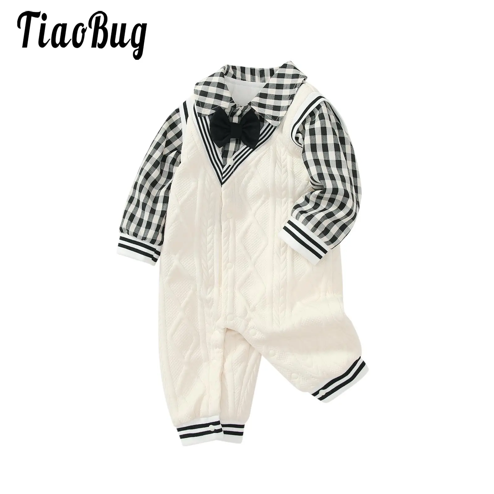 

Baby Boys Warm Long Sleeve Gentleman Suit Turn Down Collar Romper Bow Tie Decor Plaid Print Fake Two-piece Infant Bodysuits