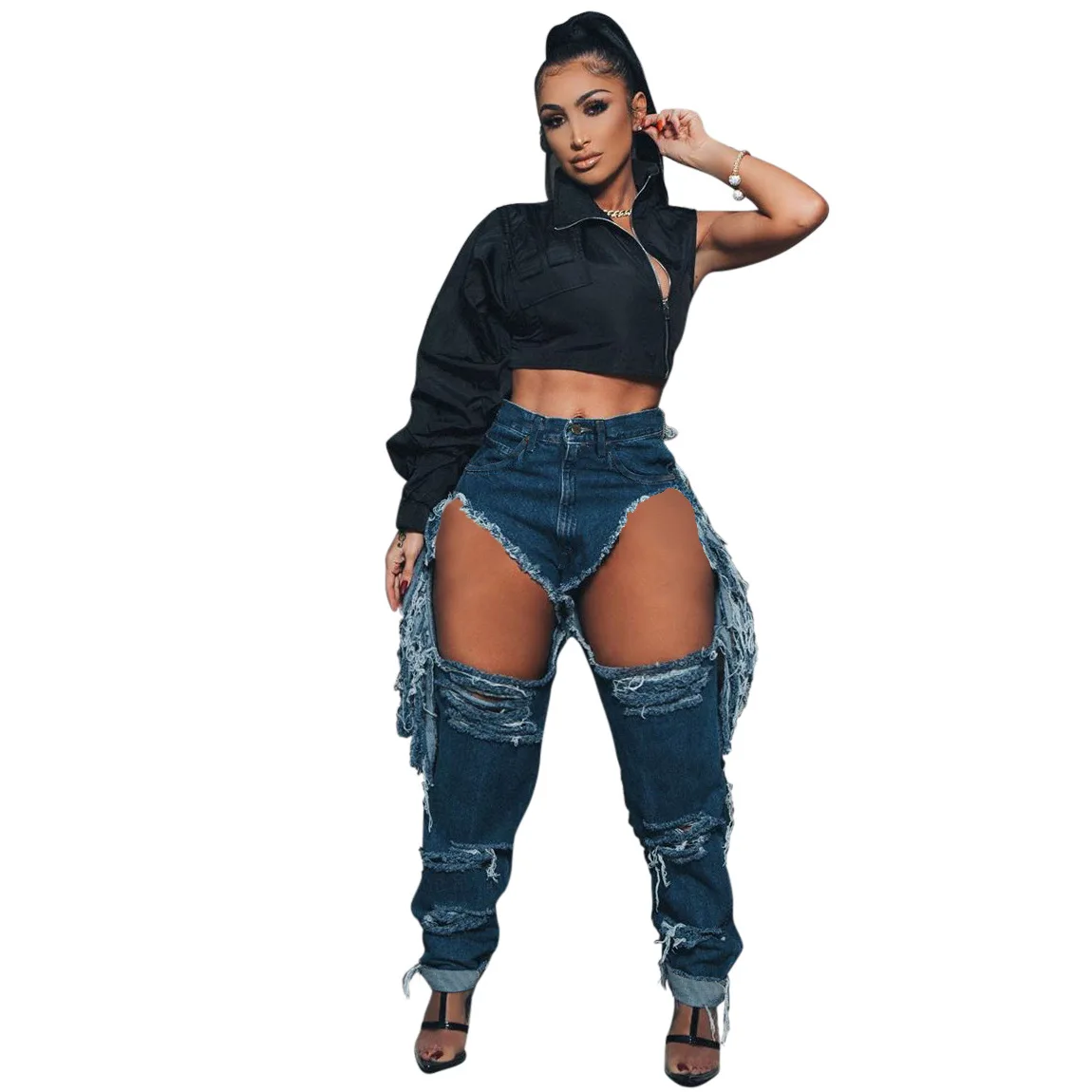 Sexy Ripped Holes Fringe Jeans Womens Fashion Streetwear High Waist Washed Distressed Straight Tassel Denim Pants Trousers indie