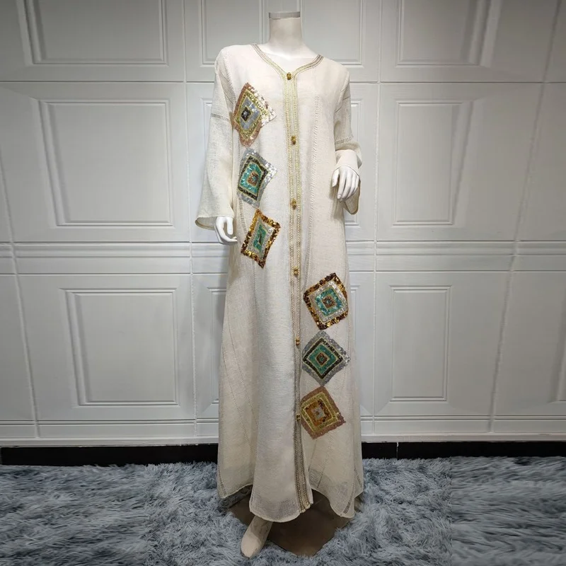 White Abayas For Women Dubai 2022 Ramadan Kaftan Arabe Luxury Sequin Long Sleeve Dress Robe Musulmane Djellaba Femme Boubou