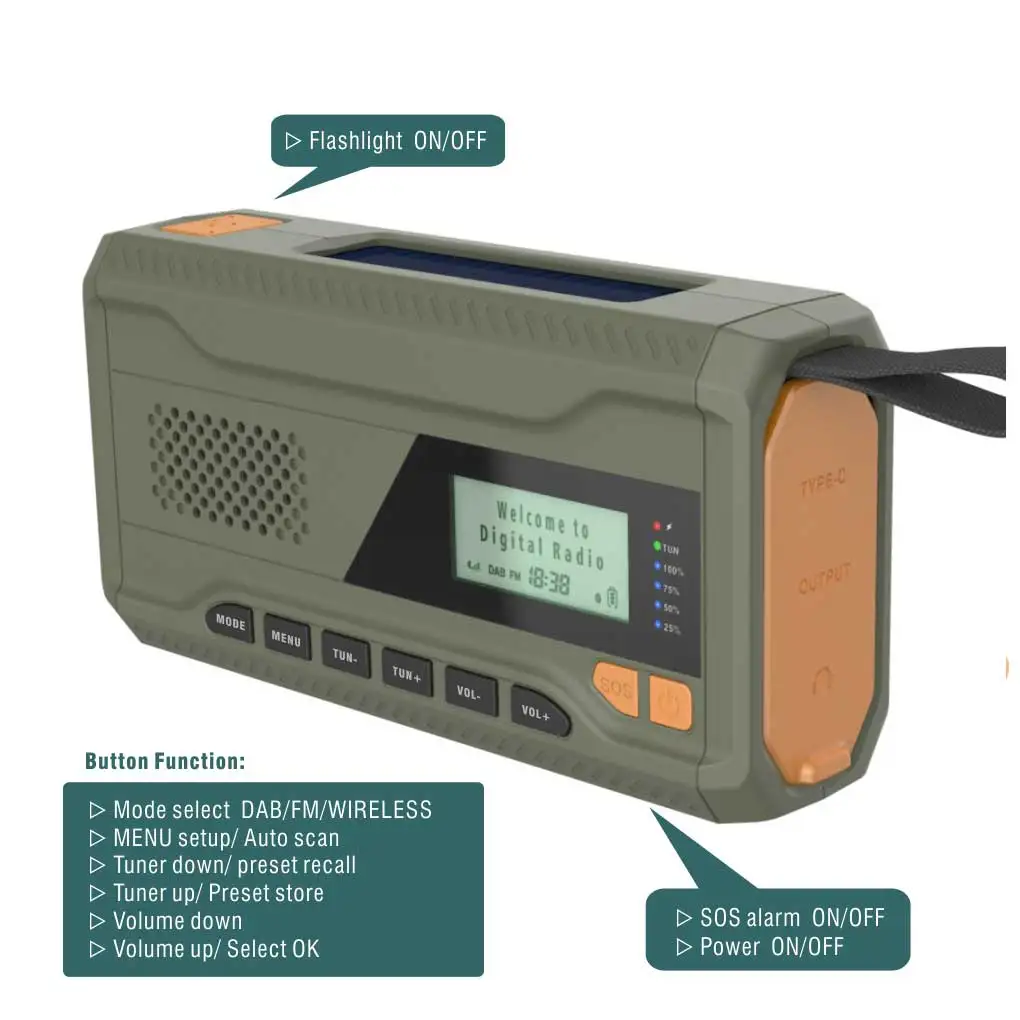 

LCD Screen Solar Powered Emergency Tuning Radio with Flashlight Hand Crank Power Bank Phone Charger Weather Forecast