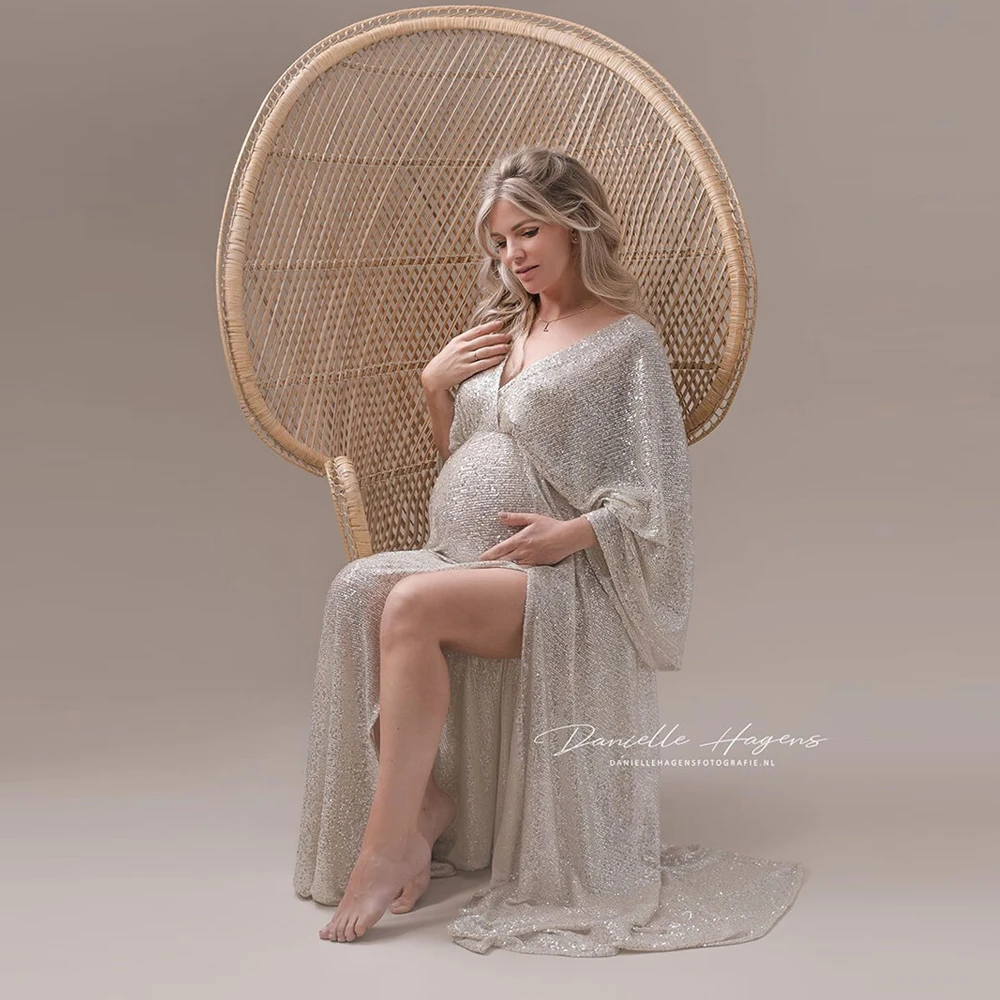 Maternity Photography Dresses Bohemian V-neck Sequined Sexy Transparent Side Slit Maternity Wear Boho Style Dress
