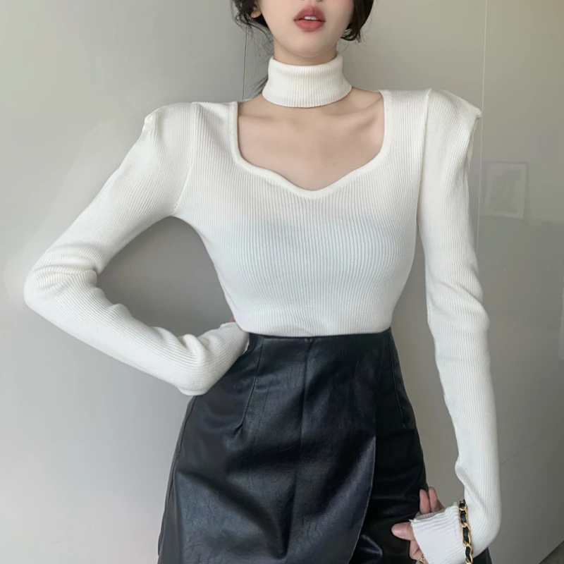 

OL Halter Knitted Pullover Woman Korean Fashion Solid Color Square Collar Long Sleeve Sweater Slim Top Female Dropshipping