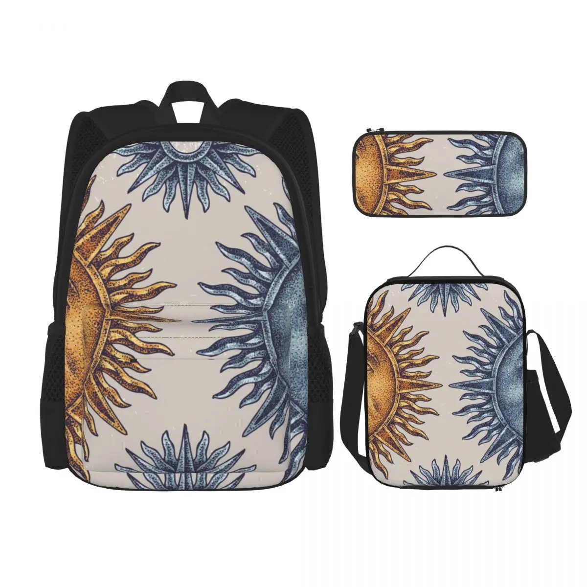 

3 Pcs/Set School Backpack for Girls Children Schoolbags Kids School Pencil Case Lunchbox Vintage Sun And Moon