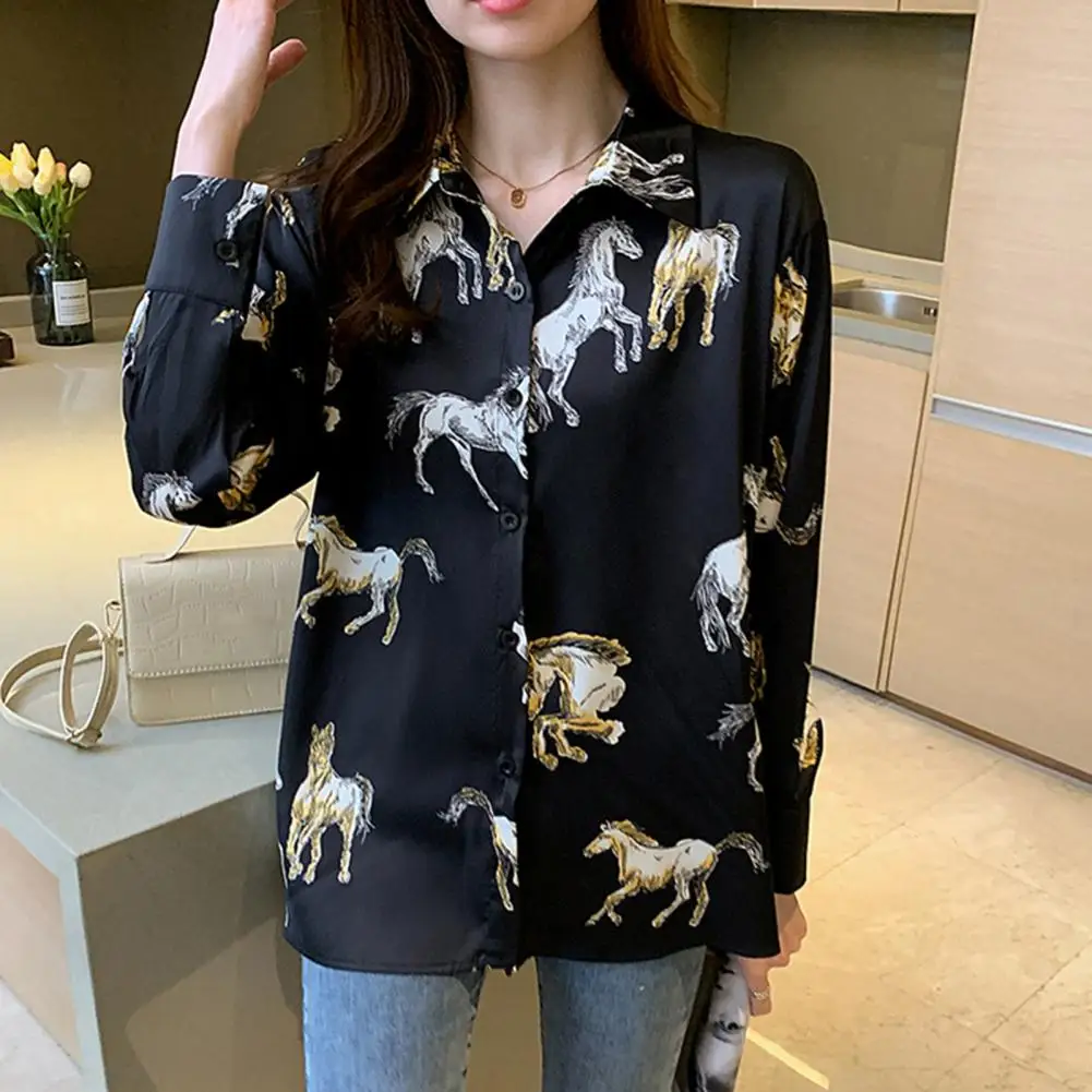 

Spring Women Shirt Horse Print Lapel Single-breasted Long Sleeves Commute Loose OL Style Age Reducing Women Blouse Lady Clothes