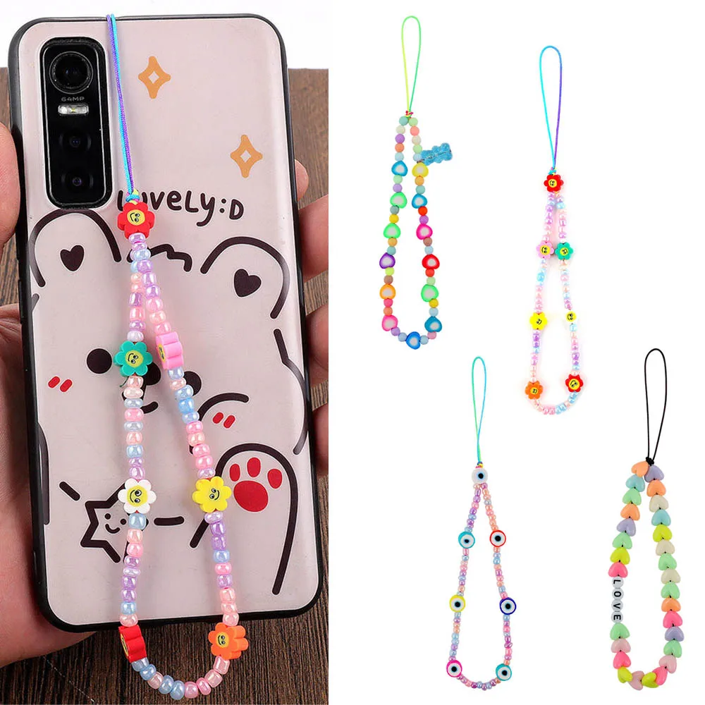 

Fashion Resin Soft Ceramic Color Heart Bear Flower Beaded Mobile Phone Chain Women Anti-lost Rope Cellphone Lanyard Pendant