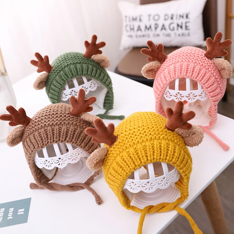 

Cartoon Antlers Baby Hat Winter Warm Kids Christmas Cap Cute Toddler Girls Boys Knitted Ear Protection Beanie Children Bonnet Ha