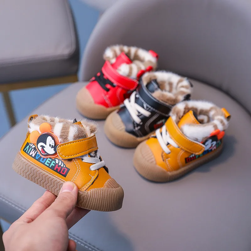 Fashion Hot Sales Cute Mickey Mouse First Walkers Winter Fur Baby Girls Boys Toddlers Boots Hook&Loop Infant Tenis Shoes