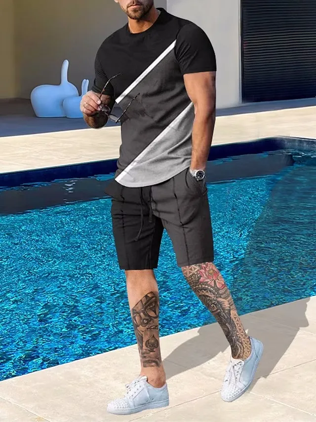 Men Clothes Ropa T-shirt Sets 3D Printed  Round Neck Outdoor Casual Short Sleeve 2 Piece Print Fashion Designer