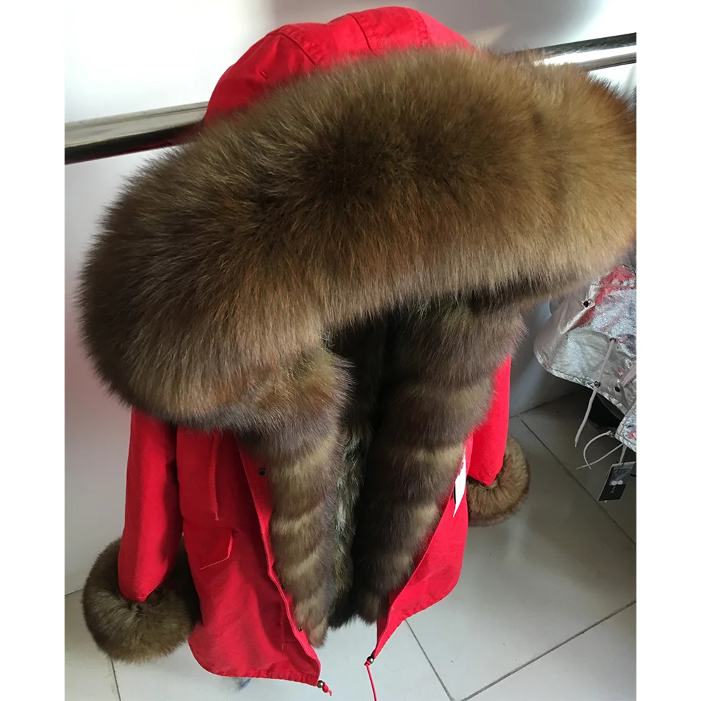 Winter Women Real Fur Coat Natural Raccoon Fur Lining  Jacket Long hooded With big fur collar Thick Warm black Parkas