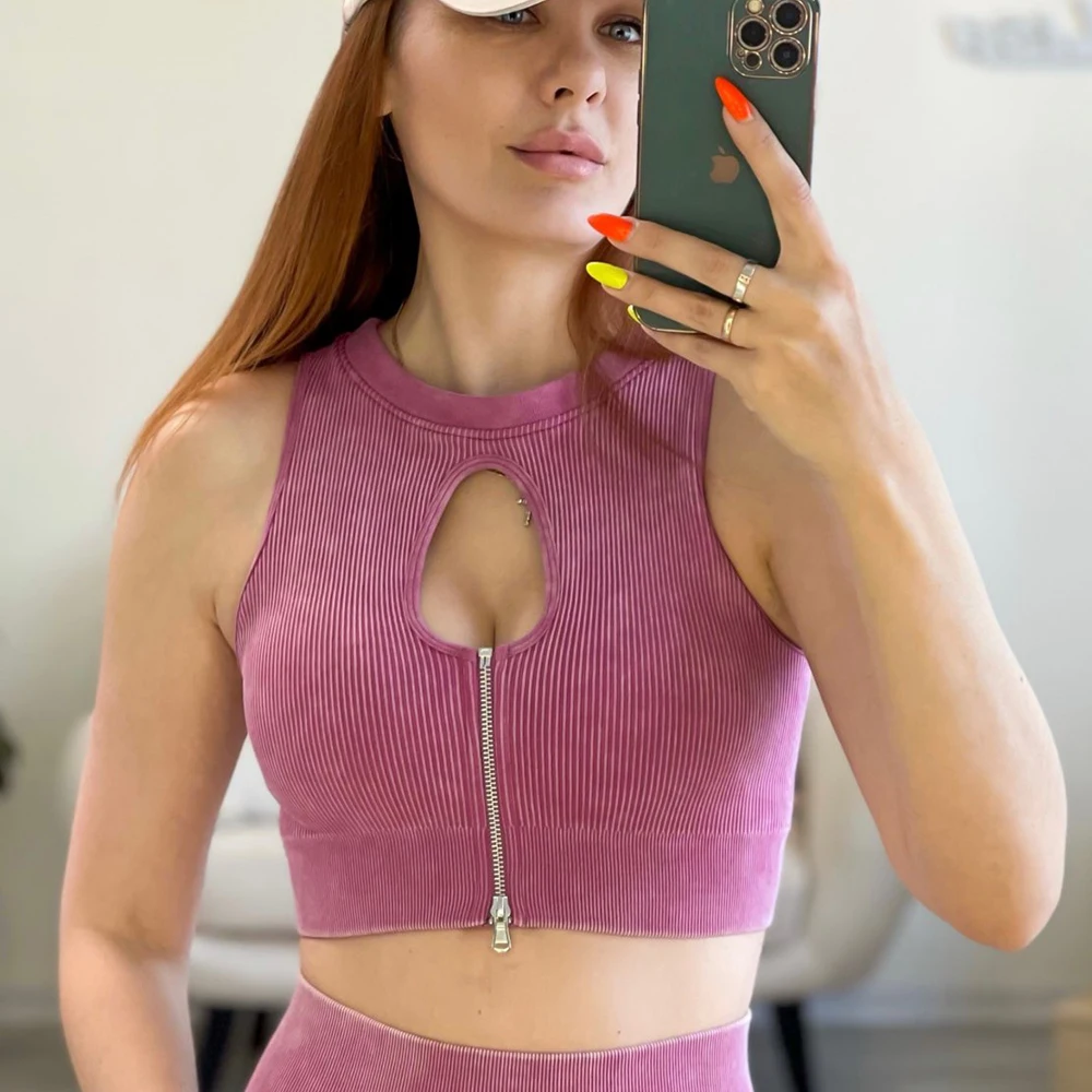 

Женский топ на молнии спереди CHRLEISURE, спортивный укороченный топ с вырезами, бюстгальтер для тренировок, топ без рукавов, нижнее белье