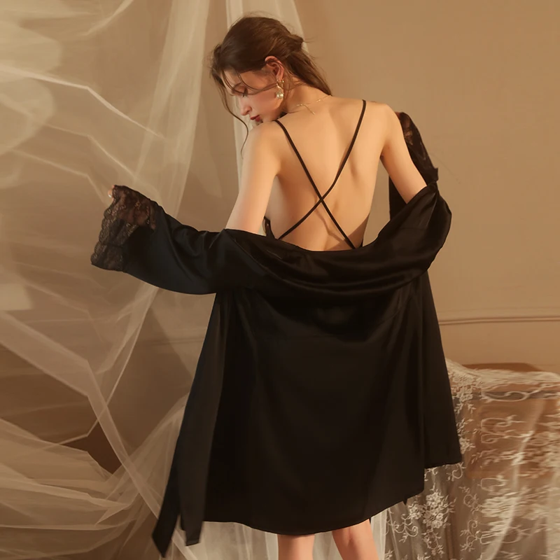 Sexy Mousse 2023 Women Fashion Sexy Lace Sweet Pajamas Set Pleated Drawstring Sling Nightdress Robe Women's Homewear Set Yellow