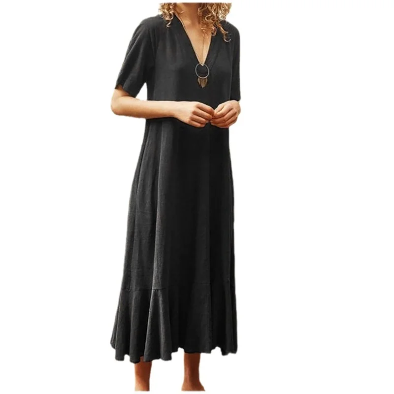 

2023 New Women's clothing trend Solid V-Neck Lace Short Sleeve A-line Long Dress fashion soft comfortable elegance Slit hemline
