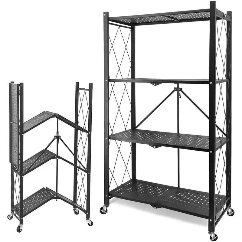 

Storage Shelf Foldable Metal Shelving Units with Wheels, Black