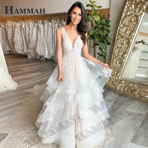 HAMMAH Tiered Appliques Tank Wedding Dresses For Women Tulle Deep V Neck Sleeveless Robe De Mariée New Arrival Made To Order