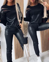 spring women zipper design pu leather patch top drawstring pants 2022 new femme tracksuit set lady sporty jogger clothing traf