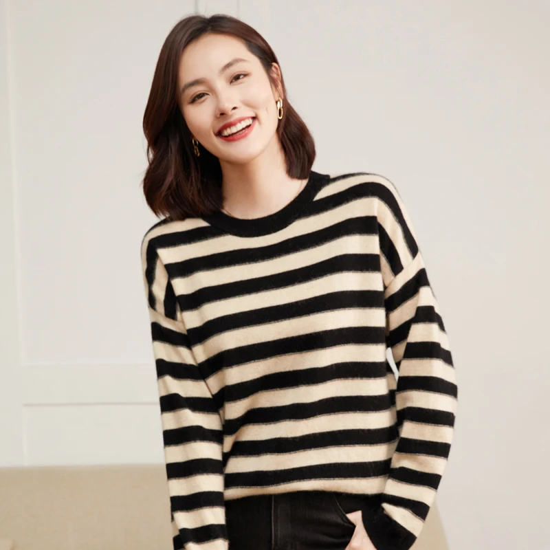 Spring Summer New Sweaters Women's Round Neck Color-blocking Stripe Pure Cashmere Knitted Pullover Versatile Bottom Shirt Top