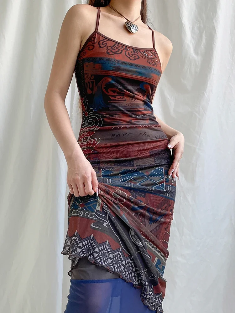 

Женское винтажное платье до щиколотки, длинное Сетчатое платье с абстрактным принтом, без рукавов, на бретелях, с открытой спиной, праздничное платье, Y2K, 2000