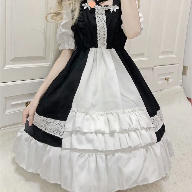 

Women Sweet Lolita OP Dress Square Neck Lace Front Flouncing Ruffle Hem Girls Princess Dress Cosplay Costume