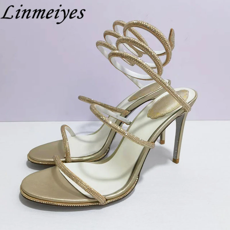 

Rhinestone High Heels Gladiator Sandals Women Ankle Snake Twine Around Crystal Shoes For Women Summer Stiletto Sandals Woman
