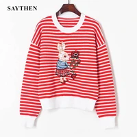 saythen spring loose contrast color striped cartoon rabbit embroidered knitted sweater high waist wide leg pants suit women