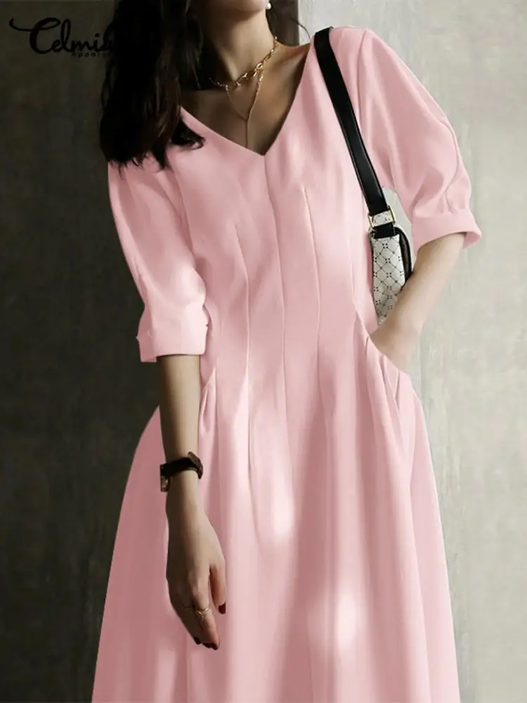 

Летние платья-миди Celmia с поясом, повседневные Элегантные платья Holdiay с V-образным вырезом, женские плиссированные длинные платья с пышными р...