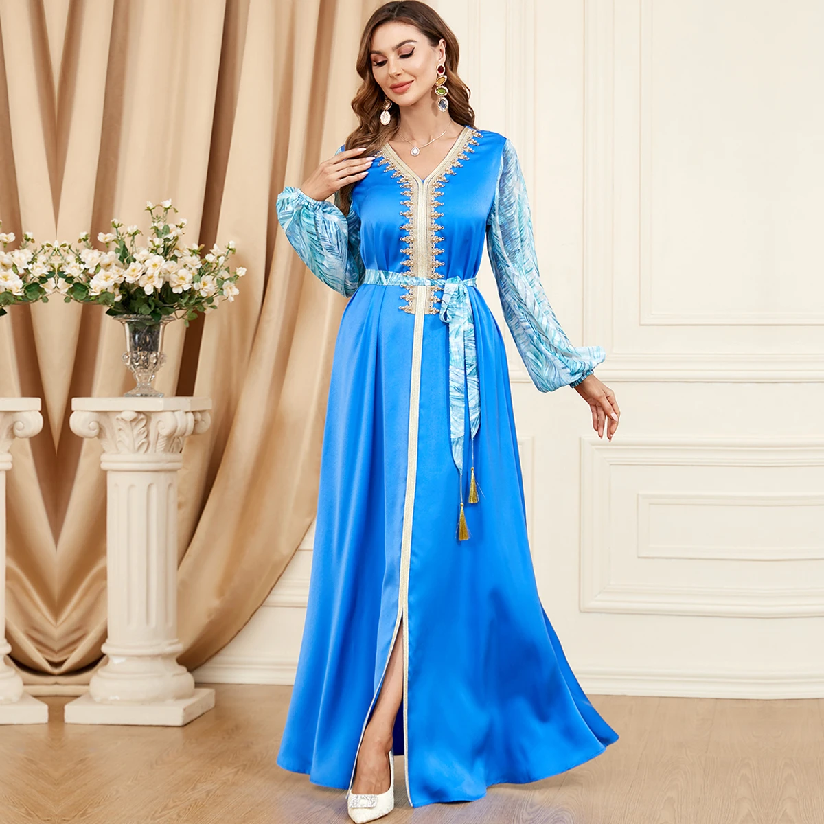 BNSQ 3402# 2023 Summer New Fresh Fashion Women's Dress Elegant Muslim Abaya Spliced Bubble Sleeve Beaded Dress