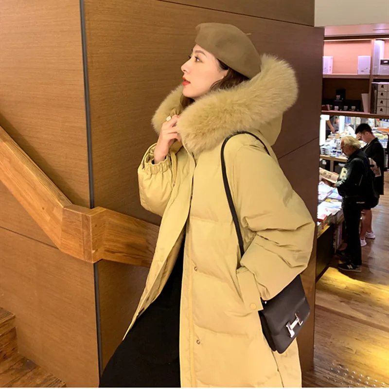 2022 New Duck Down Jacket Ladies Loose Warm X-Long Faux Fur Collar Cotton Coats Women Parkas Winter Clothes Thicken Outerwear