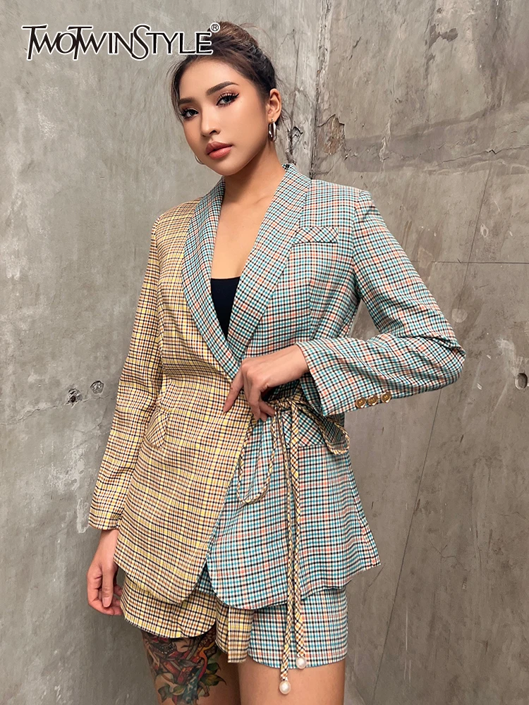 

TWOTWINSTYLE Plaid Two Piece Set Womens Notched Collar Long Sleeve Blazer High Waist Shorts Skirts Colorblock Sets Females Style