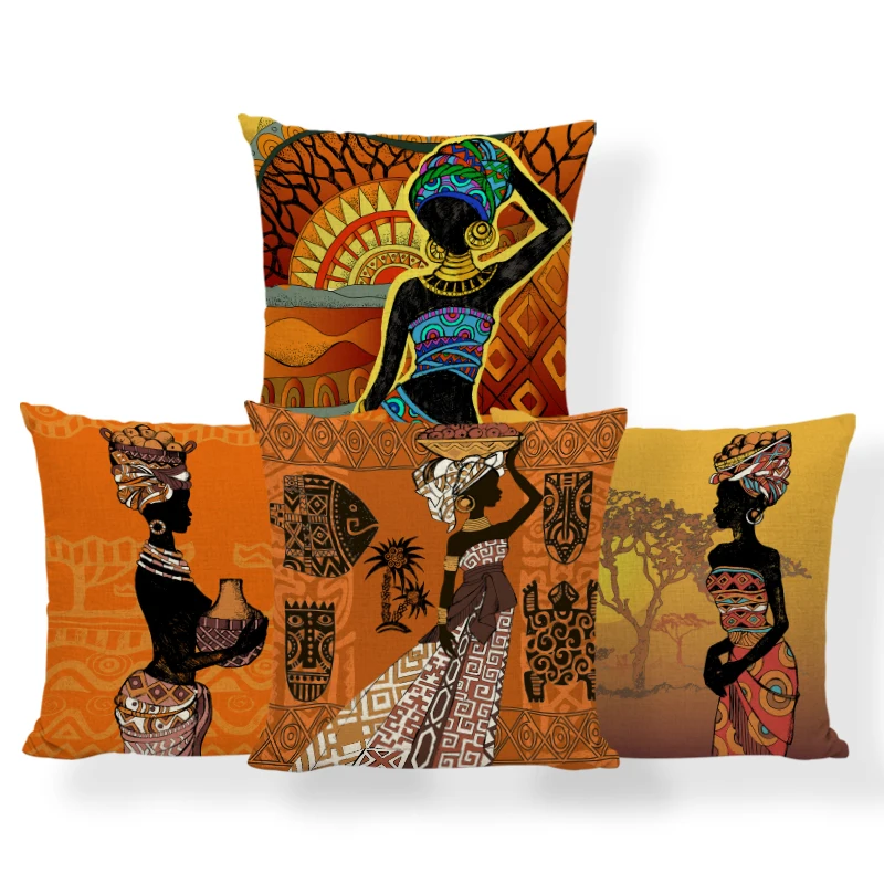 

African Ethnic Woman Cushion Cover African Girl Decorative Pillow Case Linen Color Cloth Throw Pillow Cover for Sofa Home Decor