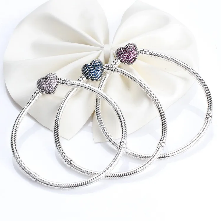 

925 Sterling Silver Pan Beautiful Three Color Heart With Crystal Button Bracelet Fit European Charm Bracelets Jewelry