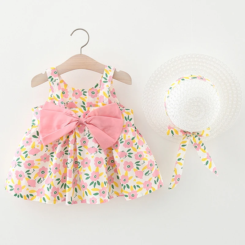 

2Piece 2022 Summer Outfits Baby Girl Clothes Fashion Flowers Cute Bow Sleeveless Cotton Beach Dress+Hat Toddler Dresses BC178