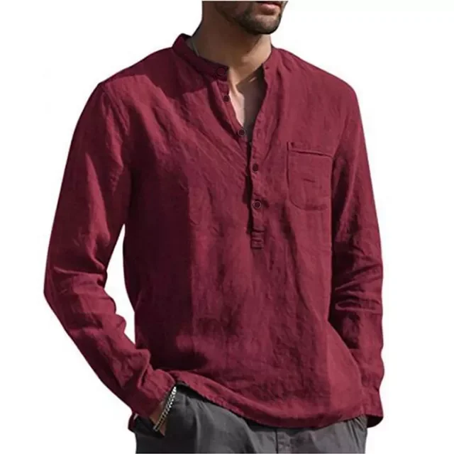 

Рубашка мужская с воротником-стойкой, Повседневная блуза из 100% хлопка и льна, с длинным рукавом, в пляжном стиле, однотонная, на лето