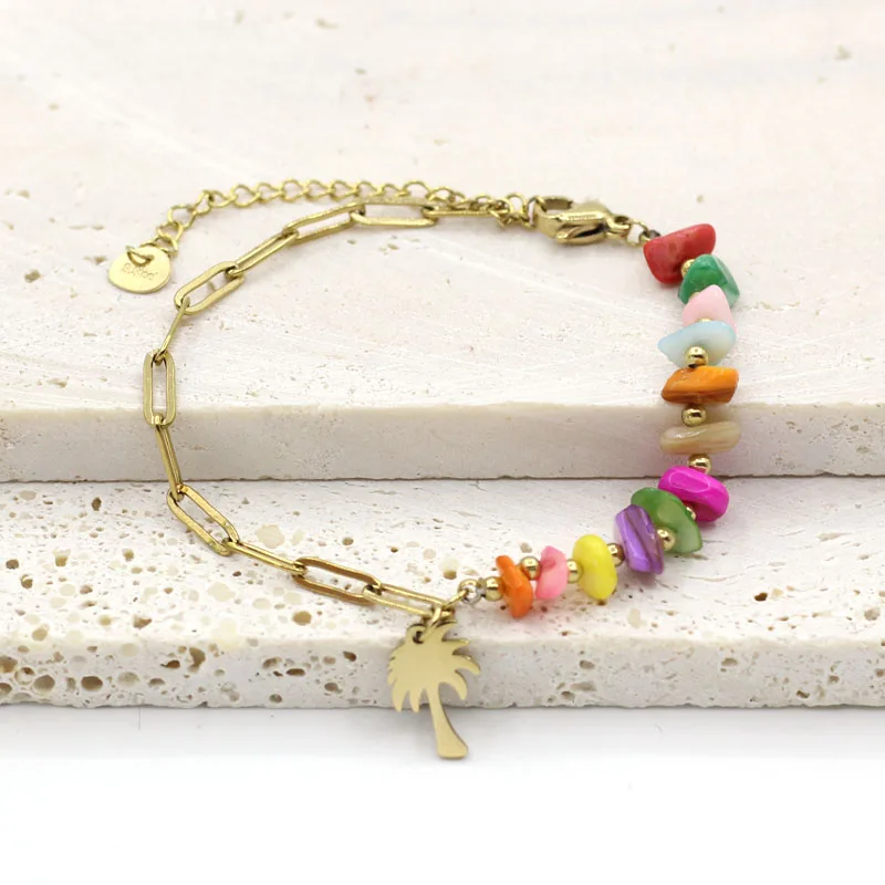 

Beach Holiday Fashion Jewelry Dyed Shell Color Coconut Tree Pendant Bracelet For Women Stainless Steel Chain Gold Fadeless