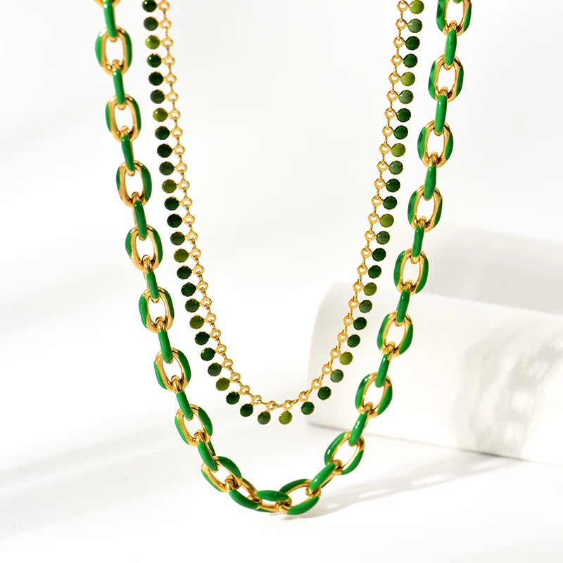 Rivca fashion stainless steel Drop Oil Olive green Chain necklace man Gold Plated  Trendy charm choker women jewelry wholesale