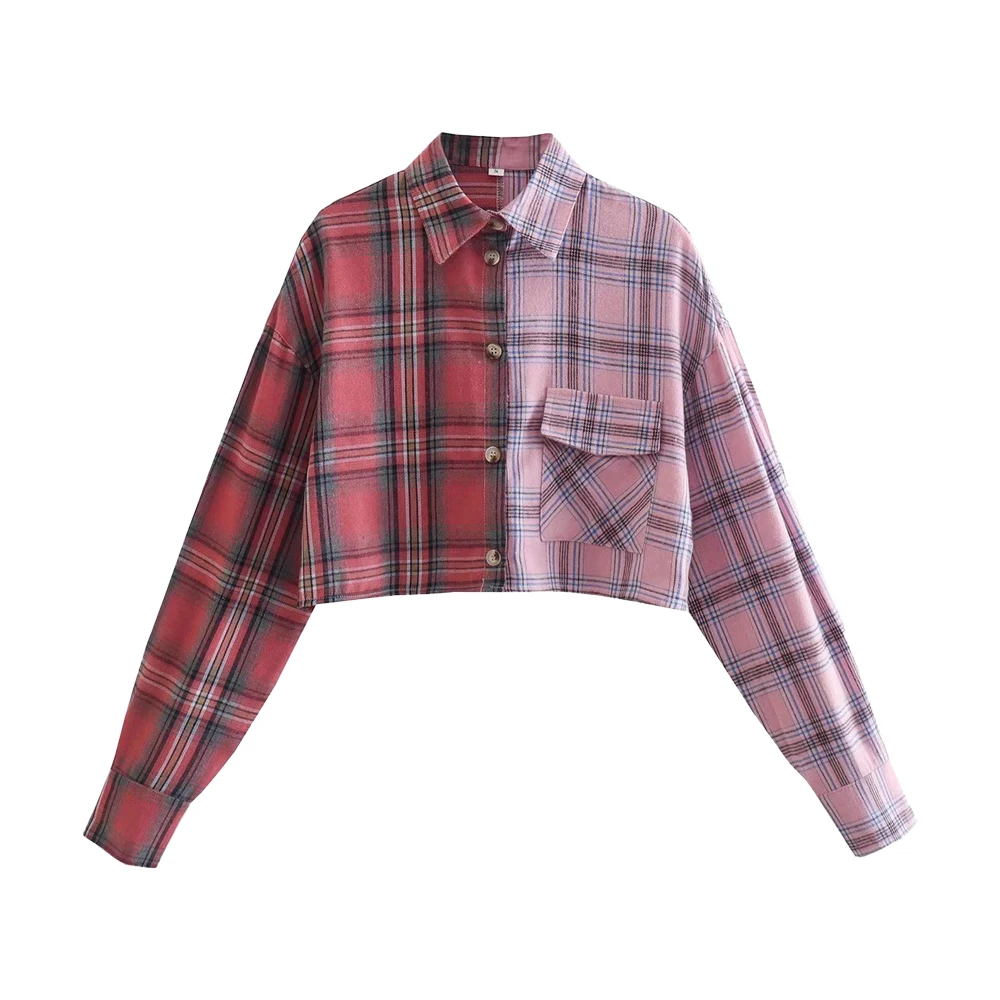 

Women's Color Contrast Plaid Short Shirt New Fashion Casual Long Sleeve Pocket Decorate Chic Female Retro Blouse Mujer