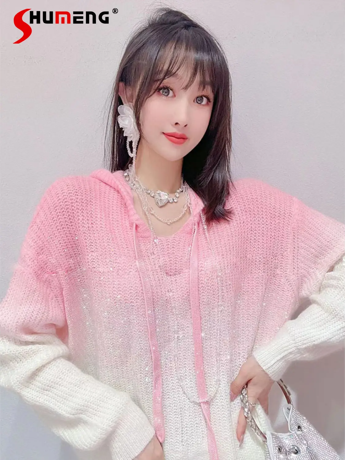 

Women's 2022 Fall Korean Sweet Knitted Top Ladies Fashion Fairy Embroidery Hot Drilling Loose Slimming Gradient Hooded Sweater