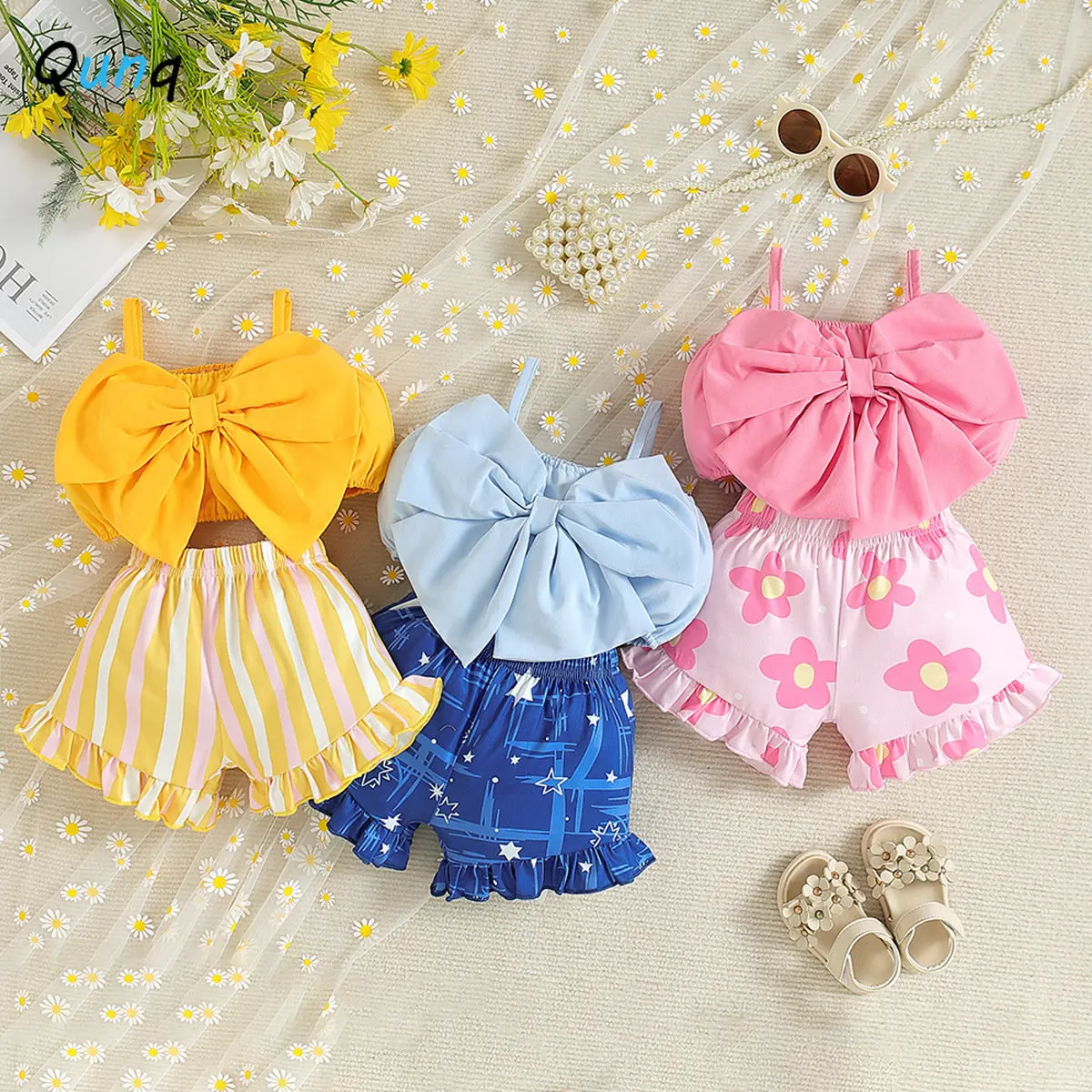 

Qunq 2023 Summer New Girls Fashion Lovely Bow Sleeveless Suspender + Print Shorts 2 Pieces Set Casual Children's Wear Age 3T-8T