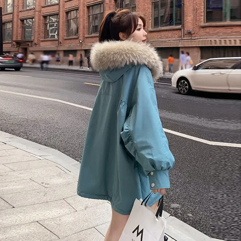 Autumn and Winter New Loose Simple Trend Casual Wild Solid Color Stitching Down Jacket Plus Velvet Thick Thick Warm Jacket