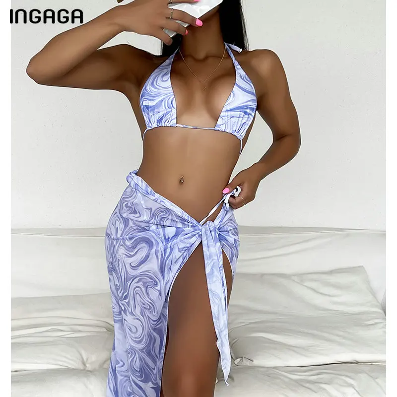 

Сексуальный комплект бикини INGAGA из 3 предметов, купальник с волнистым принтом и юбкой, женский купальник, новинка 2022, Пляжная накидка с лямко...