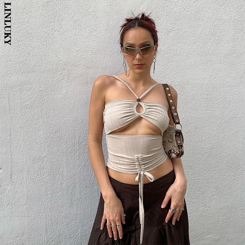 

2022 Summer Fashion Solid Color Sexy Hollow Tie Rope Crop Tops For Women Backless Slim Vest Club Streetwear Tank Tops