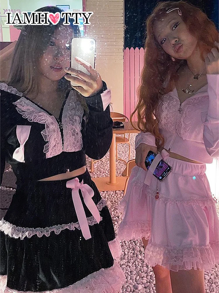 

IAMHOTTY Lace Bow Patchwork Kawaii Lolita Hoodie Pink Zipper Hooded Sweatshirt Dark Academia Jacket Black Crop Coat Fall Women