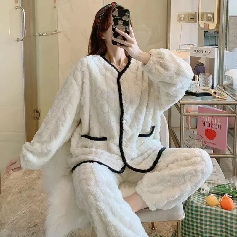 

Two-piece Set Pijamas for Women Warm Pajamas Coral Velvet Flannel Solid Long Sleeve Button Cardigan Trousers Women's Sleepwear