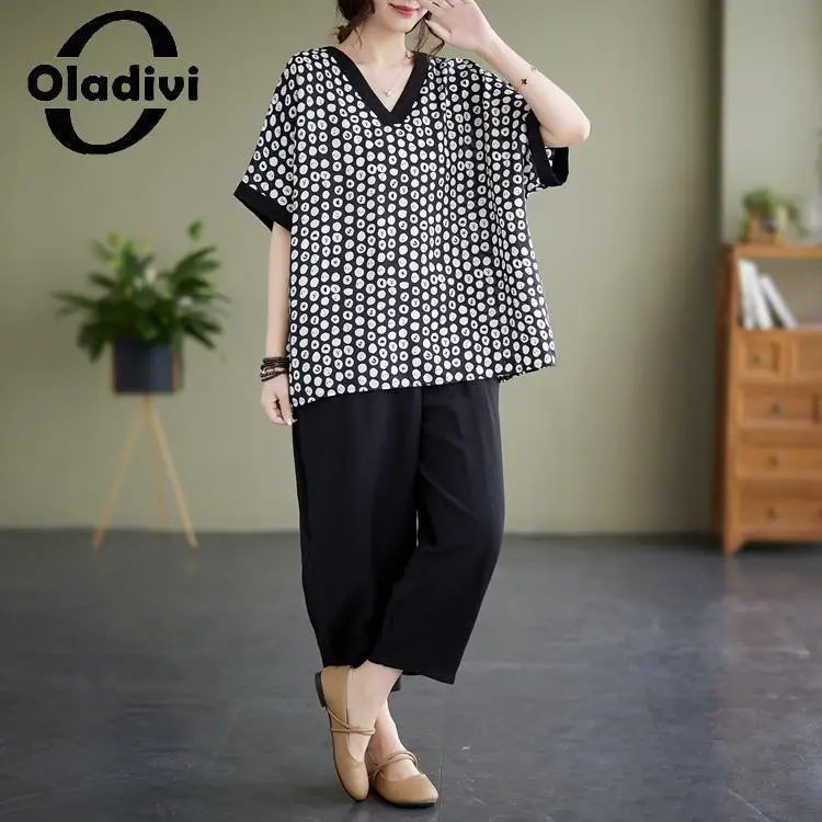 

Oladivi Fashion Print Large Size Women Casual Loose Blosues 2023 Summer Short Sleeve Oversized Shirts Ladies Big Top Tunics 1893