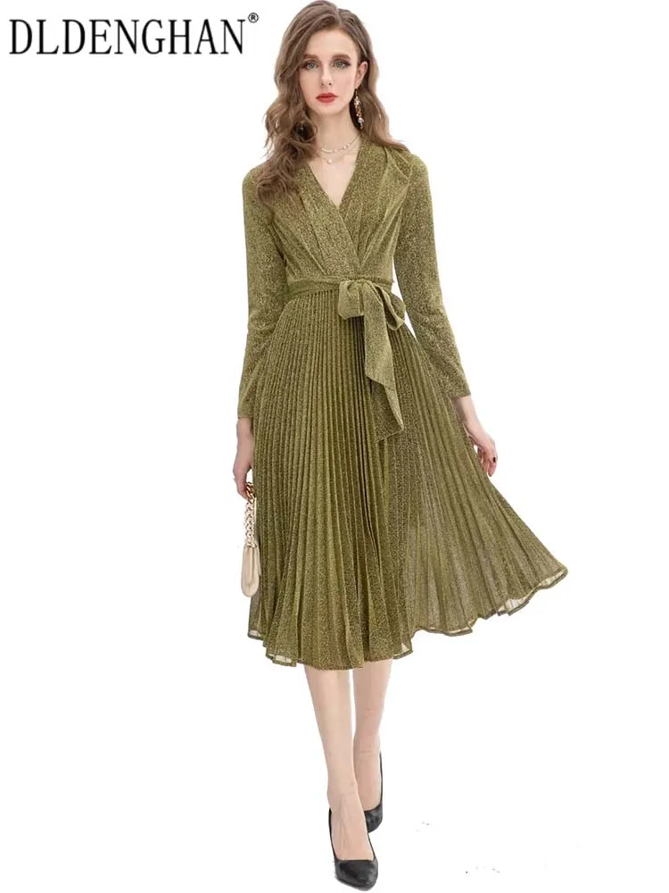 

DLDENGHAN Autumn Dress Women V-Neck Long Sleeves Lace Up Elegant Party Pleated Dresses Fashion Designer New