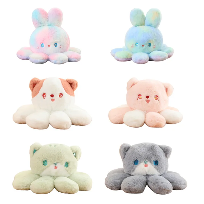 Cute Reversible Rabbit Plush Toys Double Sided Octopus Bunny Soft Doll Huggable Pillow Christmas Gifts for Kids GIrls Room Decor