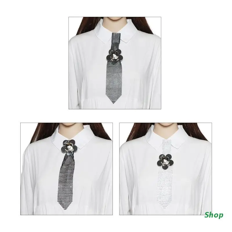 

L5YC Personality Flash Cosplay Necktie Sparkle Rhinestones Necktie Decorative Necktie Jewelry for Birthday Wedding Party