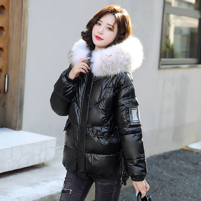 Winter New Women Hooded Down Jacket Fashion Design Plus Velvet Warm Padded Jacket Casual Loose Solid Color Big Fur Collar Coats