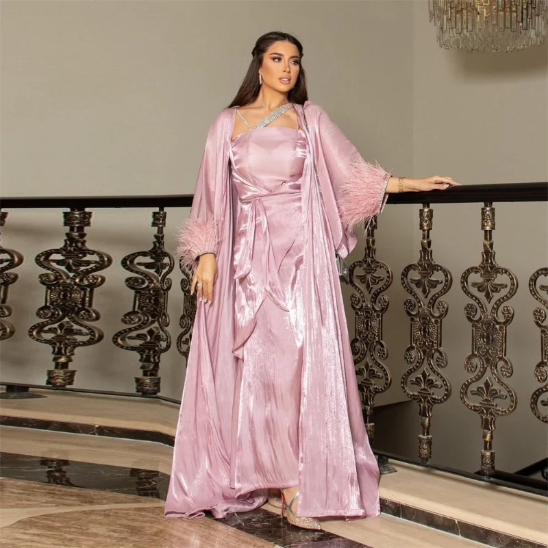 Women Muslim Sets Rhinestone Feather Sleeve Silk Satin Solid Color Open Front Outerwear Abaya Turkish Dress 3pcs Arabic Clothes