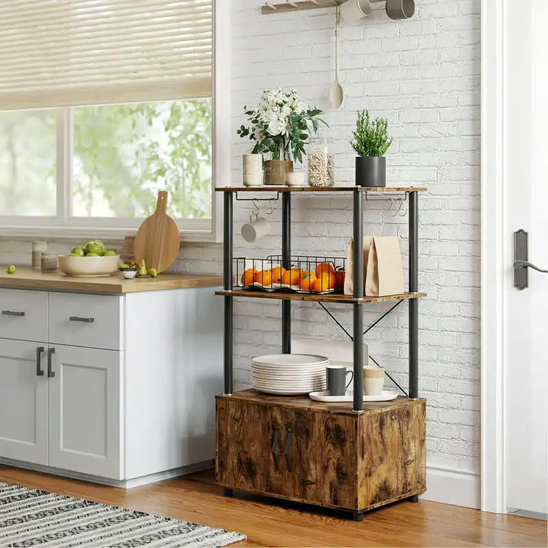 

3-Tier Bakers Rack with Wood Cabinet, Rustic Brown Large Capacity Storage