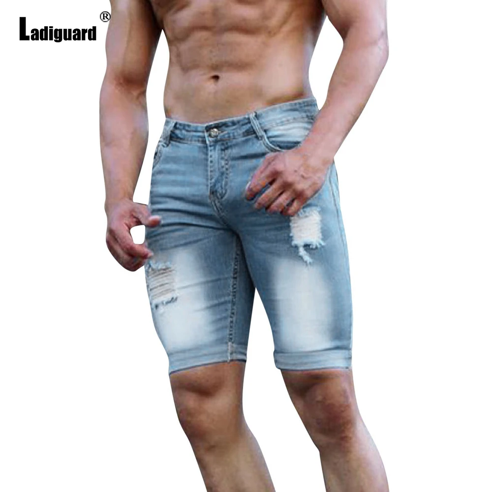 Ladiguard Plus Size Men Fashion Bottom Sexy Crimping Denim Shorts Vintage Hole Ripped Short Jeans Male Casual Skinny Hotpants